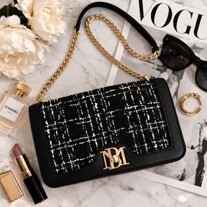 Badgley Mischka Big Crossbody Bag Black White Tweed Wool BM-4165 Vegan Leather
